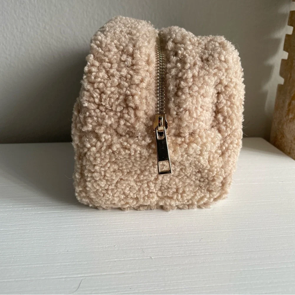 Anthropologie Sherpa Tan Cosmetic Loaf Bag